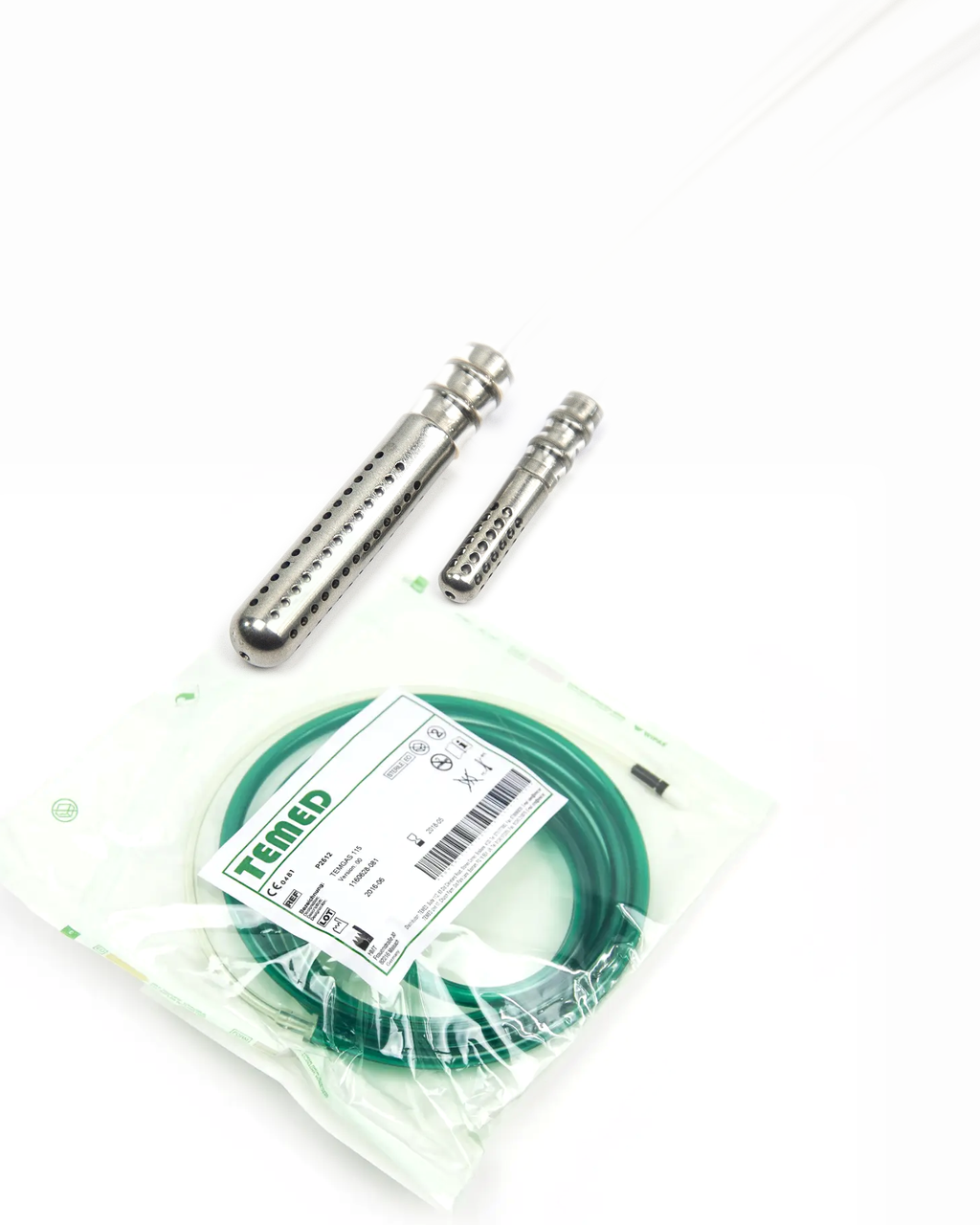 TEMED sterile suction tubing set and perforated suction tips on a clean white background with green accents